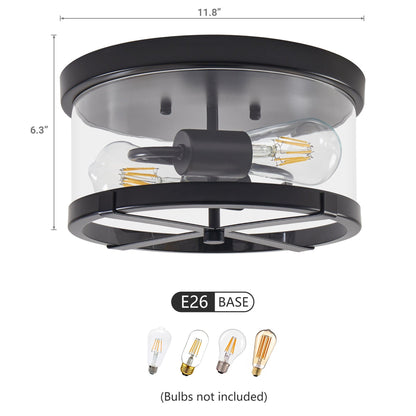 Plafoniera a 2 luci in vetro trasparente con montaggio a filo e struttura in metallo