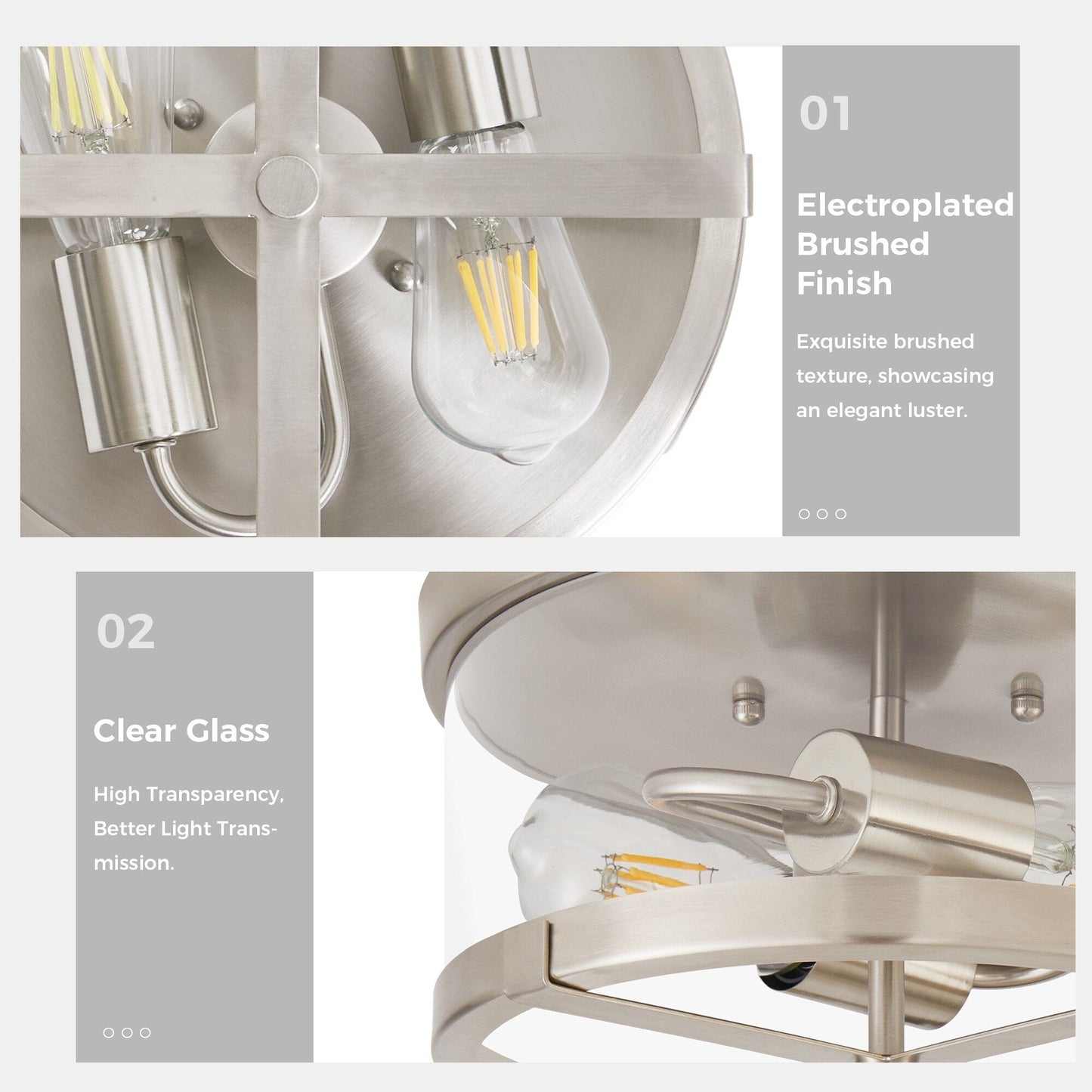 Plafoniera a 2 luci in vetro trasparente con montaggio a filo e struttura in metallo