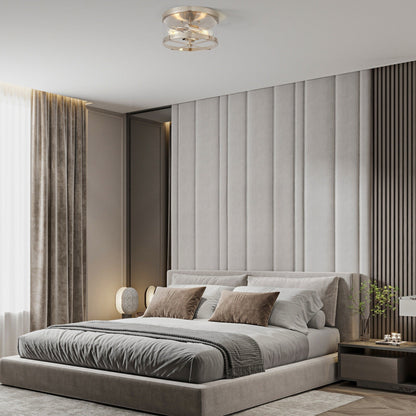 Plafoniera a 2 luci in vetro trasparente con montaggio a filo e struttura in metallo