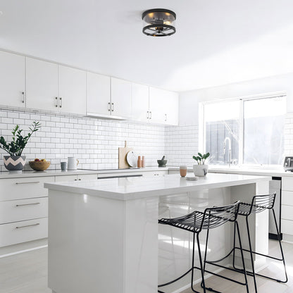 Plafoniera a 2 luci in vetro trasparente con montaggio a filo e struttura in metallo