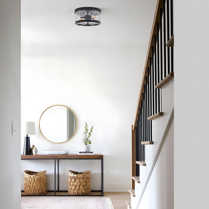 Plafoniera a 2 luci in vetro trasparente con montaggio a filo e struttura in metallo