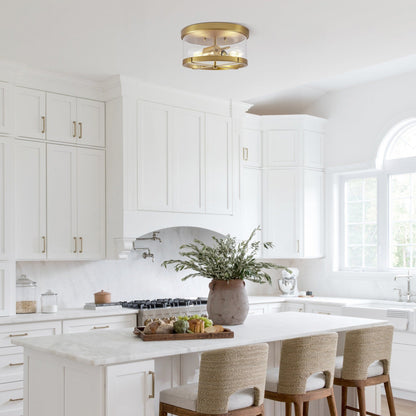 Plafoniera a 2 luci in vetro trasparente con montaggio a filo e struttura in metallo