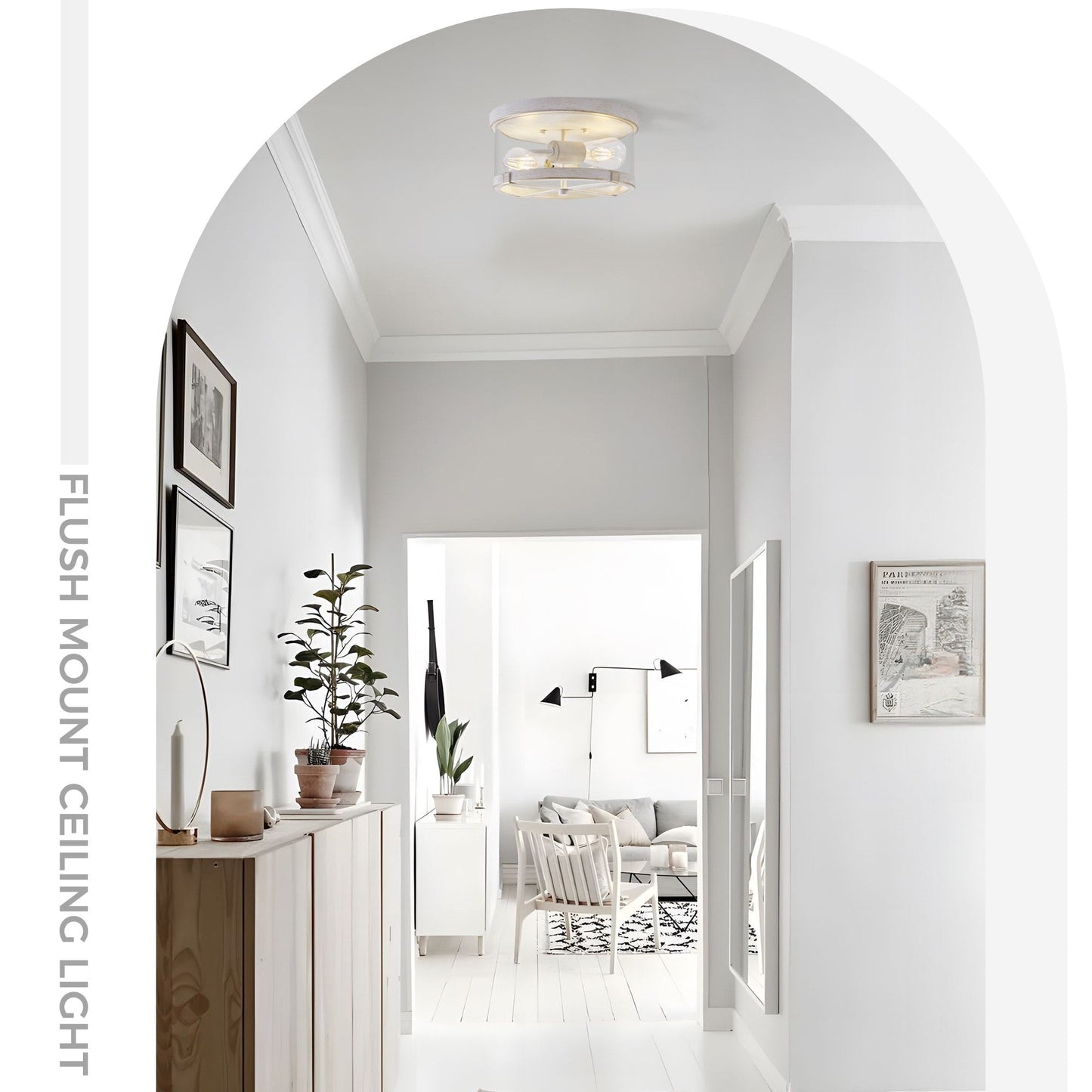 Plafoniera a 2 luci in vetro trasparente con montaggio a filo e struttura in metallo