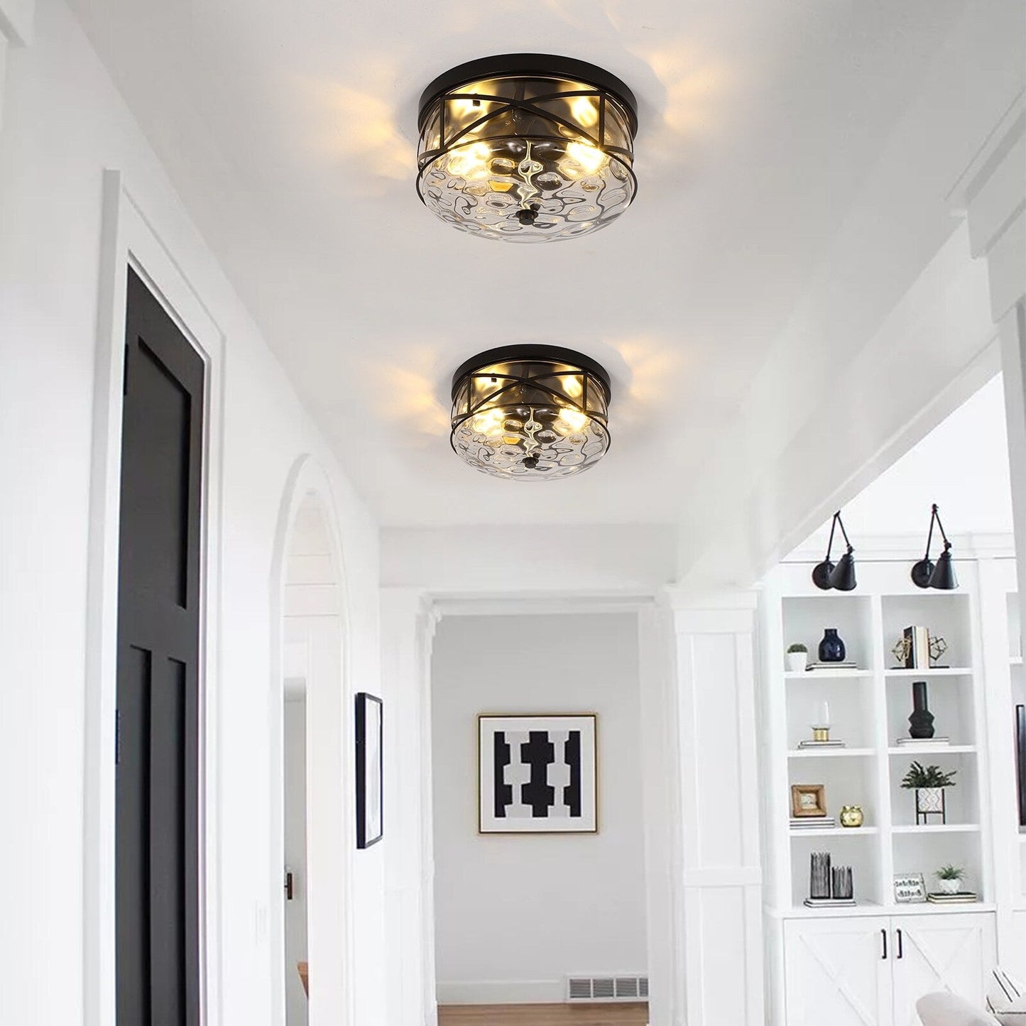 Plafoniera in vetro a 2 luci con montaggio a filo e struttura in metallo