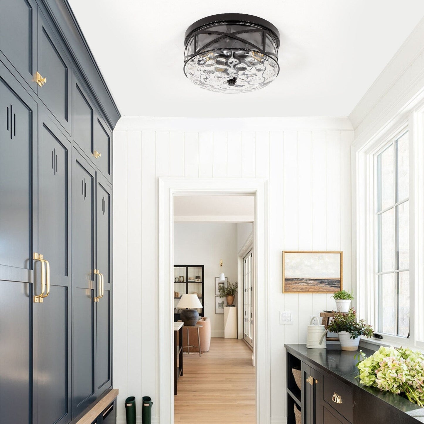 Plafoniera in vetro a 2 luci con montaggio a filo e struttura in metallo