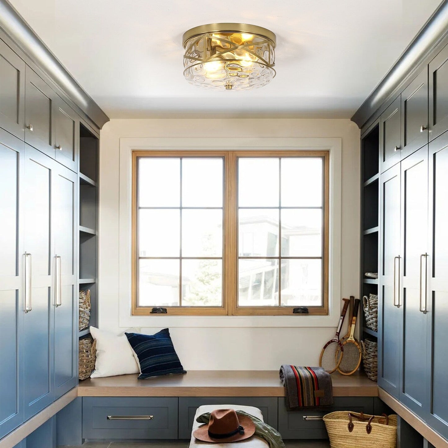 Plafoniera in vetro a 2 luci con montaggio a filo e struttura in metallo