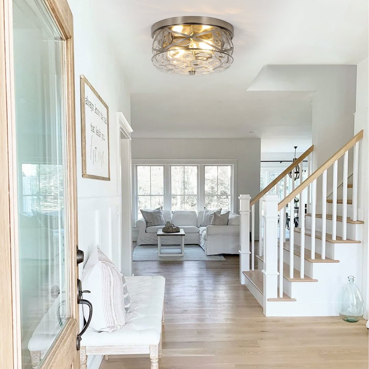 Plafoniera in vetro a 2 luci con montaggio a filo e struttura in metallo