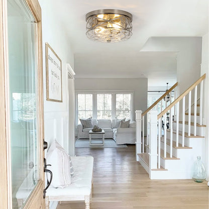 Plafoniera in vetro a 2 luci con montaggio a filo e struttura in metallo