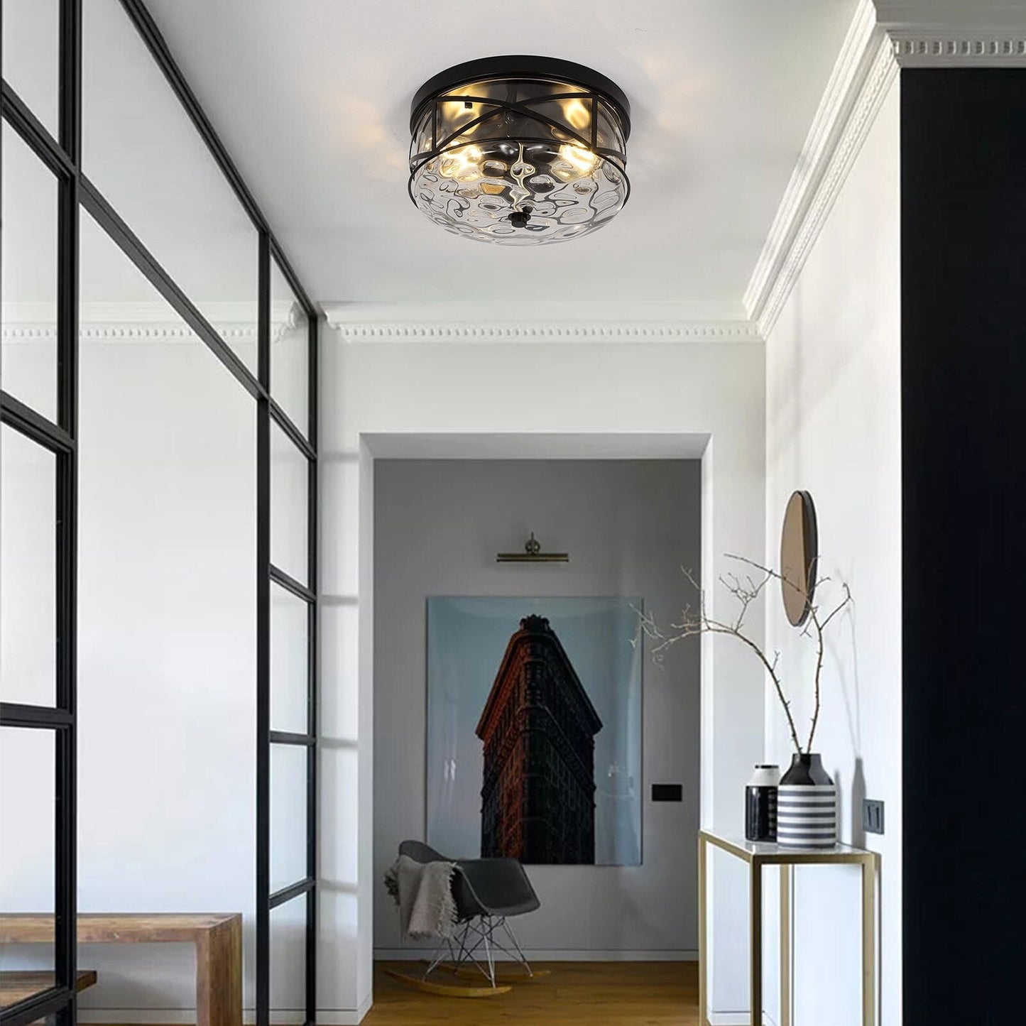 Plafoniera in vetro a 2 luci con montaggio a filo e struttura in metallo