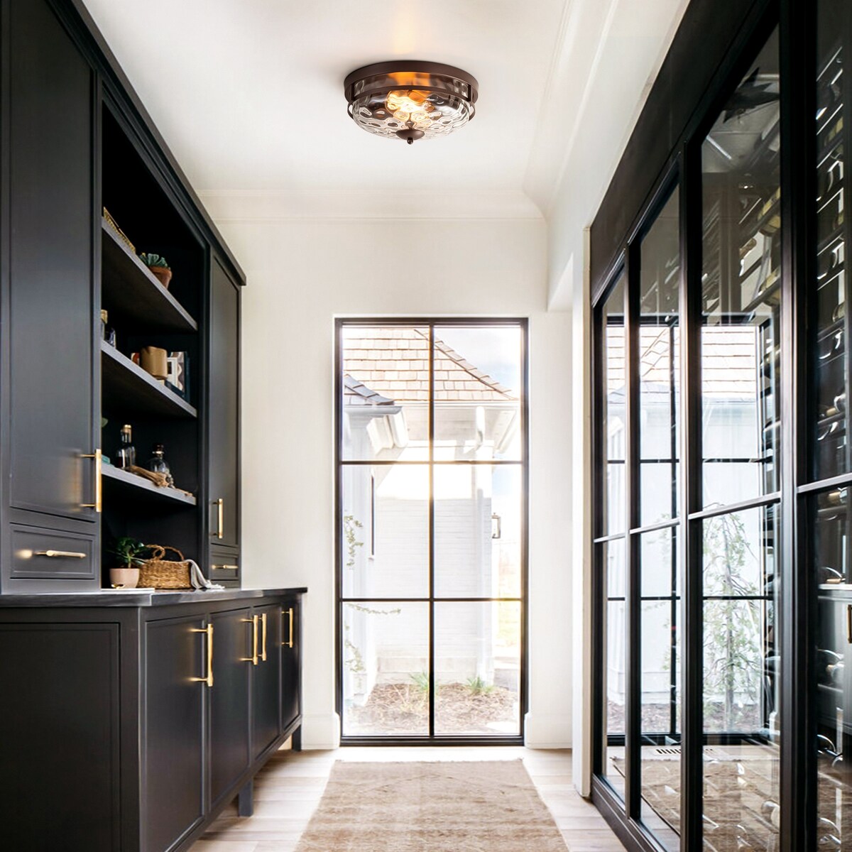 Plafoniera industriale a 2 luci, in vetro trasparente con effetto acqua increspata, montaggio a filo - 12,9 pollici di larghezza x 5,5 pollici di altezza