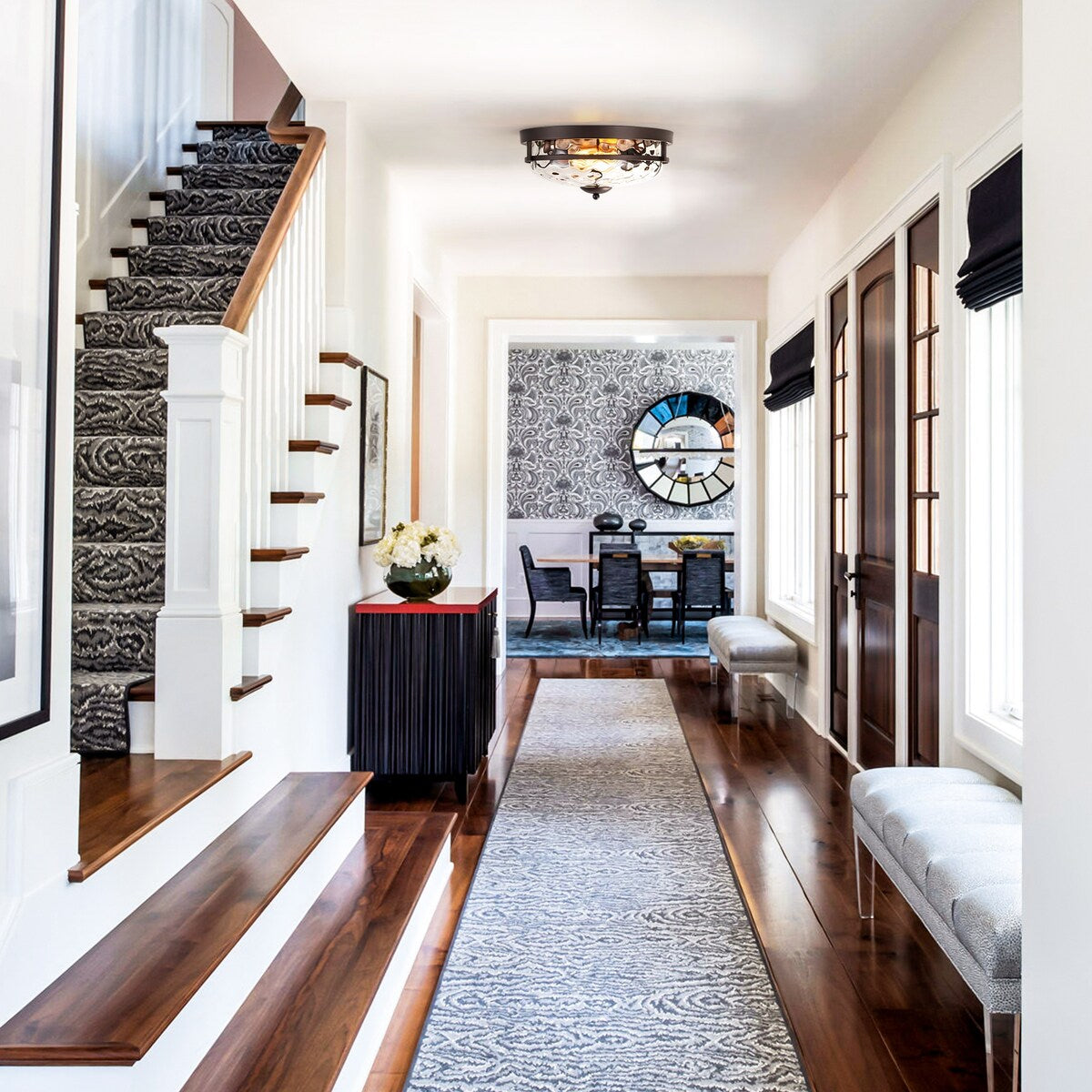 Plafoniera industriale a 2 luci, in vetro trasparente con effetto acqua increspata, montaggio a filo - 12,9 pollici di larghezza x 5,5 pollici di altezza