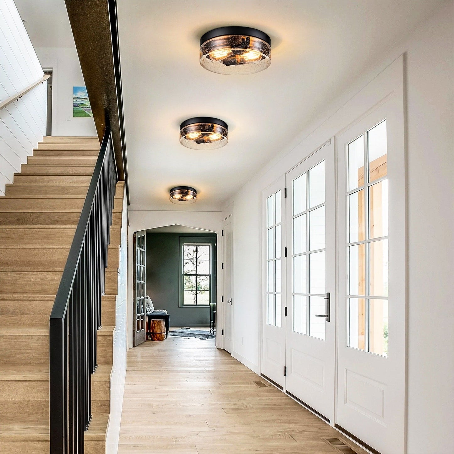 Lampada da soffitto a 2 luci moderna in stile fattoria, con cupola in vetro trasparente con semi/bolle