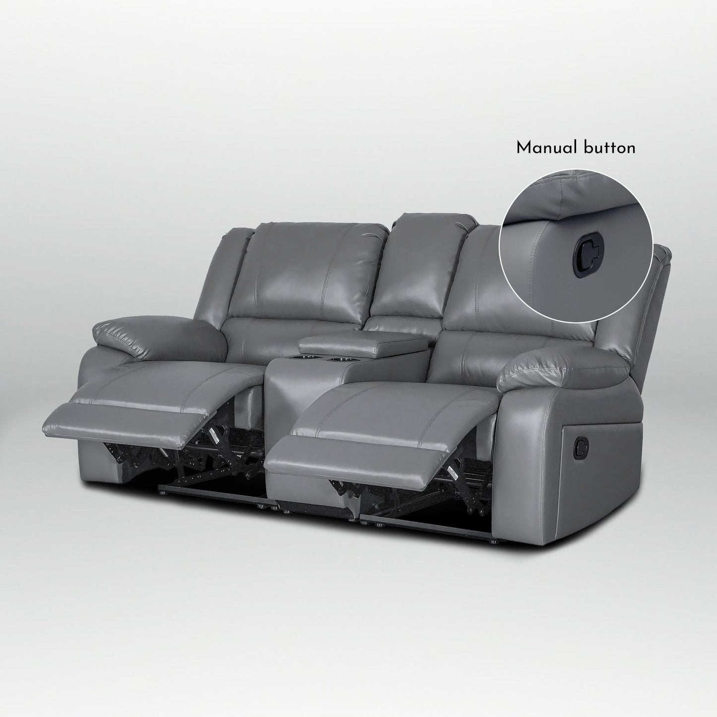 Set di divani da soggiorno reclinabili manuali classici in similpelle, 2 pezzi, con consolle e portabicchieri