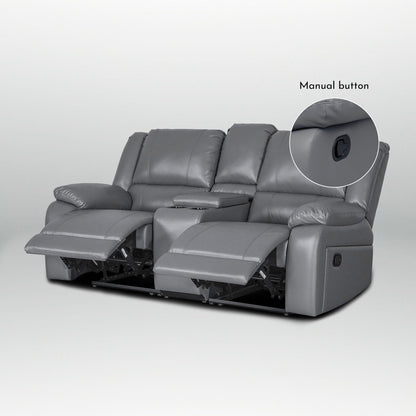 Set di divani da soggiorno reclinabili manuali classici in similpelle, 2 pezzi, con consolle e portabicchieri