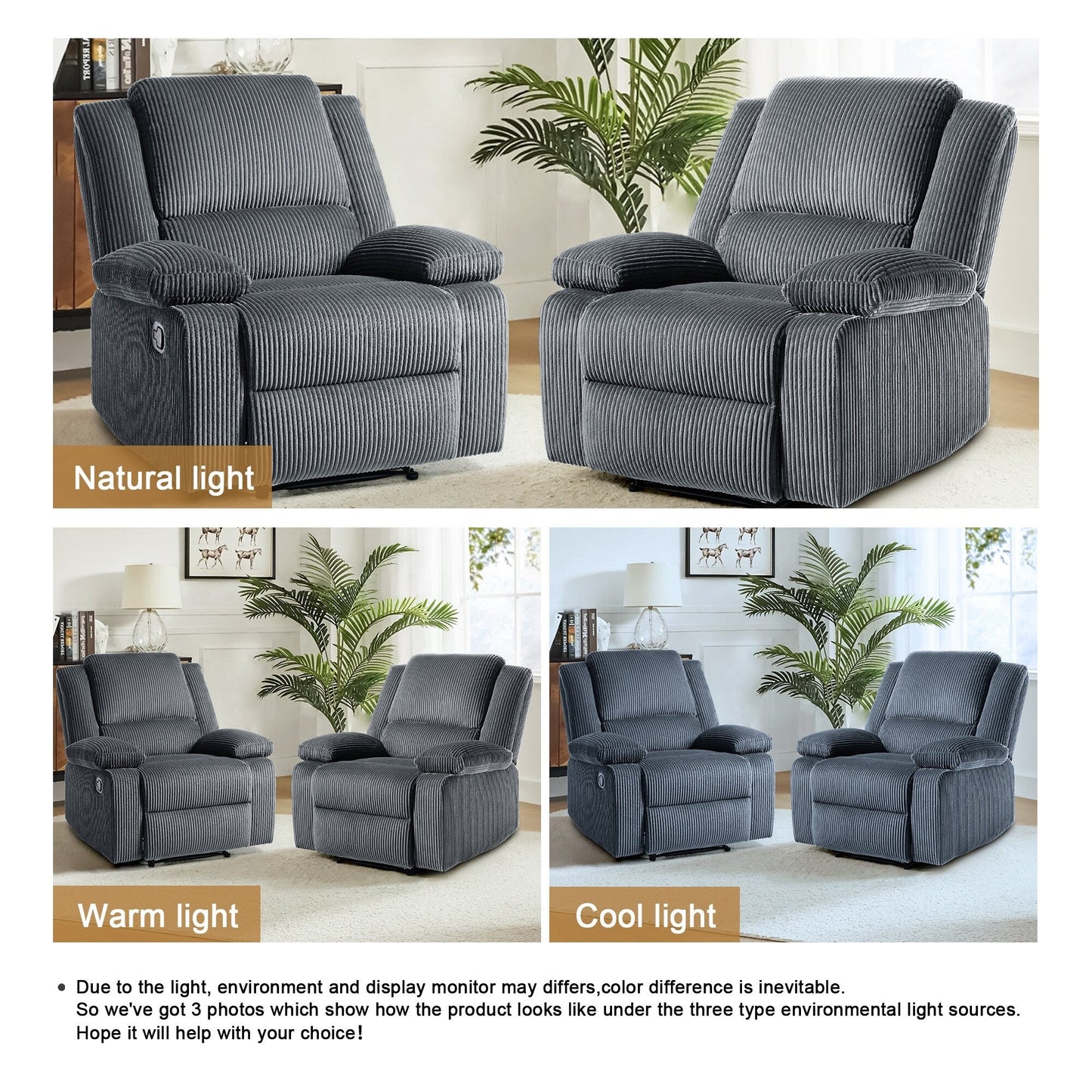 Set da 2 poltrone reclinabili manuali in velluto a coste con poggiapiedi