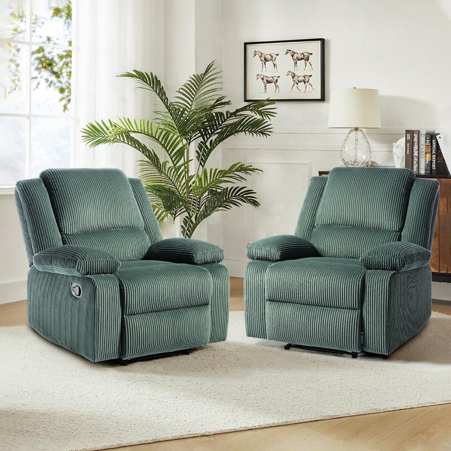 Set da 2 poltrone reclinabili manuali in velluto a coste con poggiapiedi