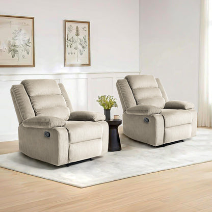 Set da 2 poltrone reclinabili manuali moderne in velluto a coste, poltrone reclinabili oversize con braccioli larghi