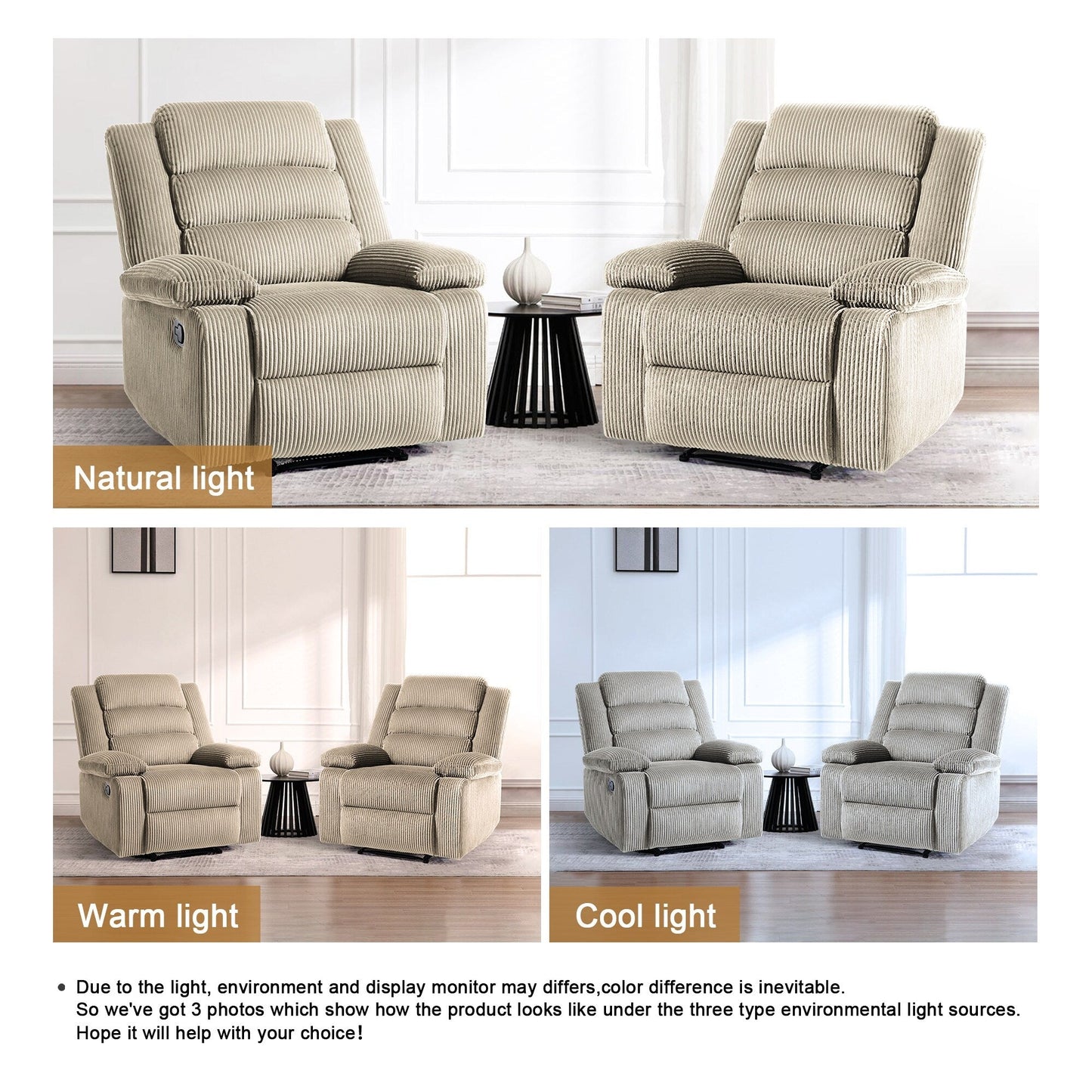 Set da 2 poltrone reclinabili manuali moderne in velluto a coste, poltrone reclinabili oversize con braccioli larghi