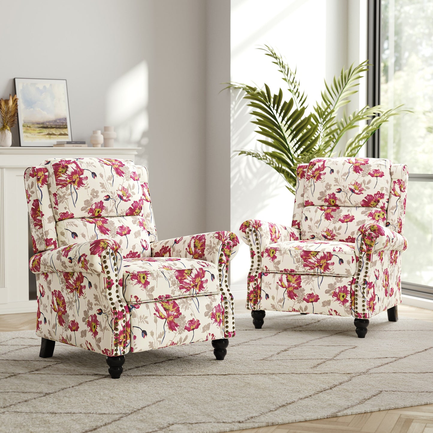 Set di 2 poltrone reclinabili imbottite con schienale a spinta e borchie