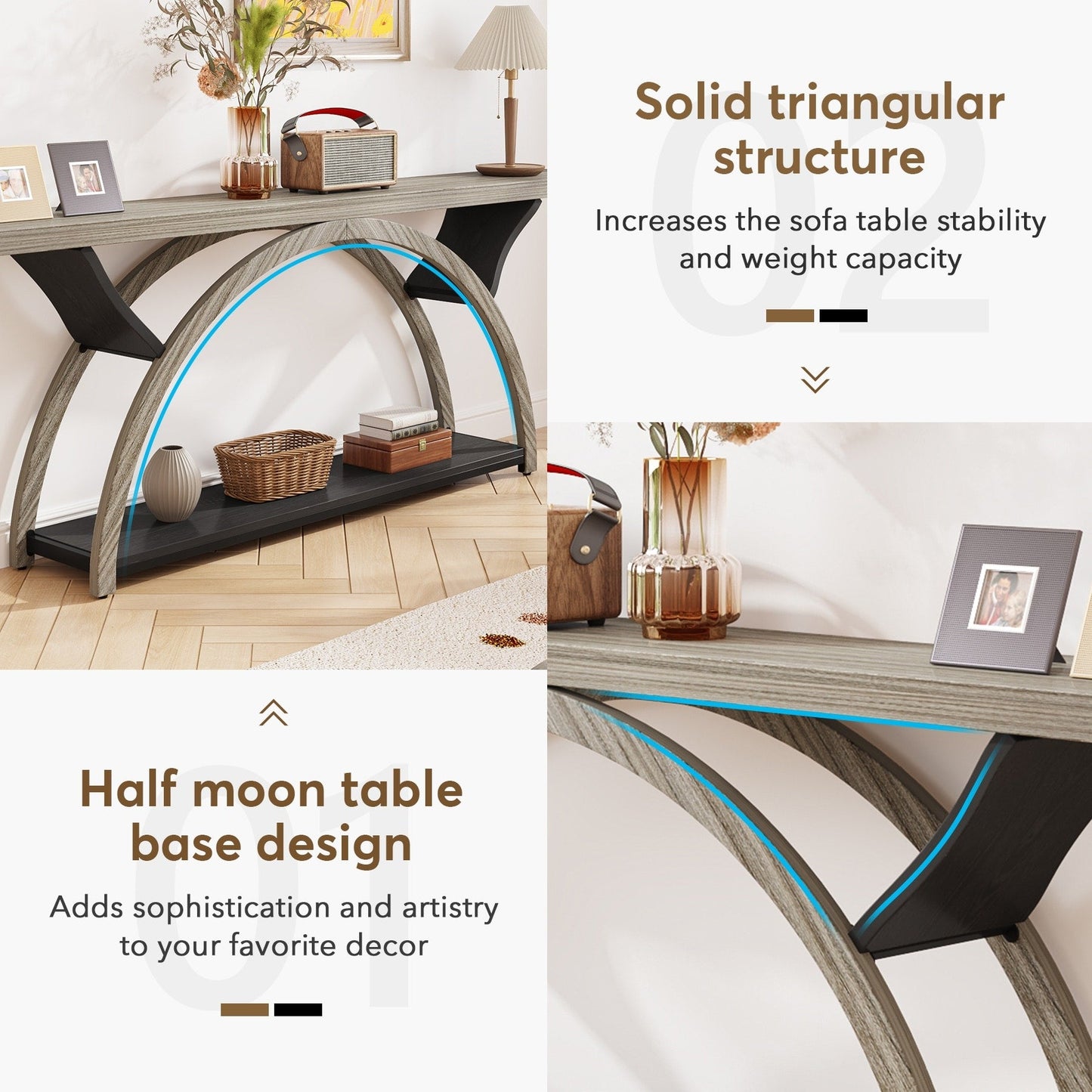 Tavolino da divano a 2 ripiani, stretto e lungo, con struttura semicircolare per ingresso, tavolini decorativi grigi per corridoio