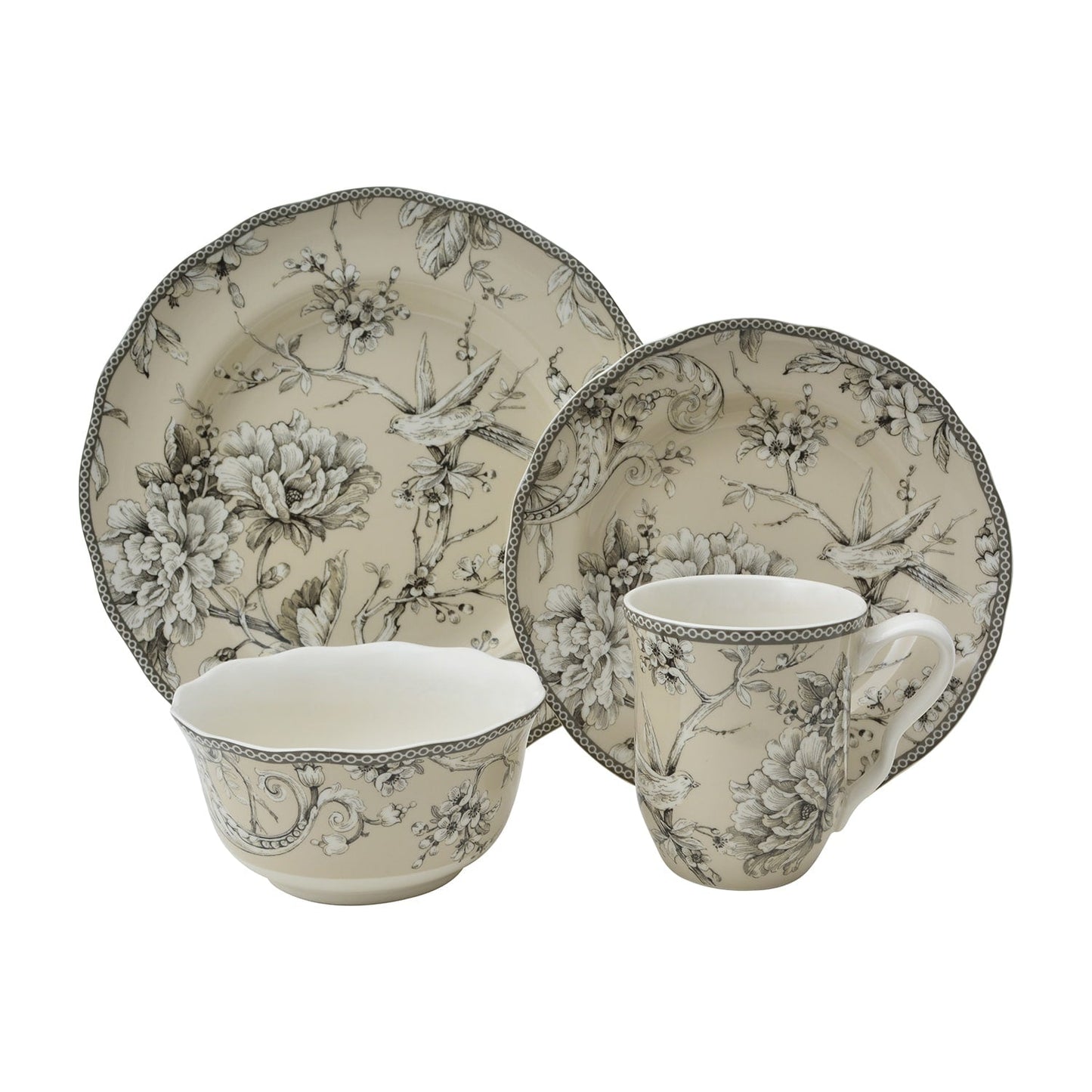 222 Fifth Adelaide Servizio da tavola in porcellana da 16 pezzi con piatti rotondi, ciotole e tazze, bianco antico