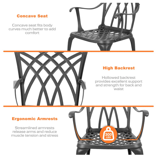 Tavolo da bistrot in alluminio pressofuso da 24 pollici con foro per ombrellone e 2 sedie da bistrot