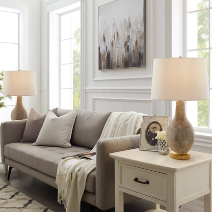 Lampada da tavolo in stile fattoria beige/oro lavato da 24,5 pollici con paralume in lino bianco (set di 2) - 24,5 H