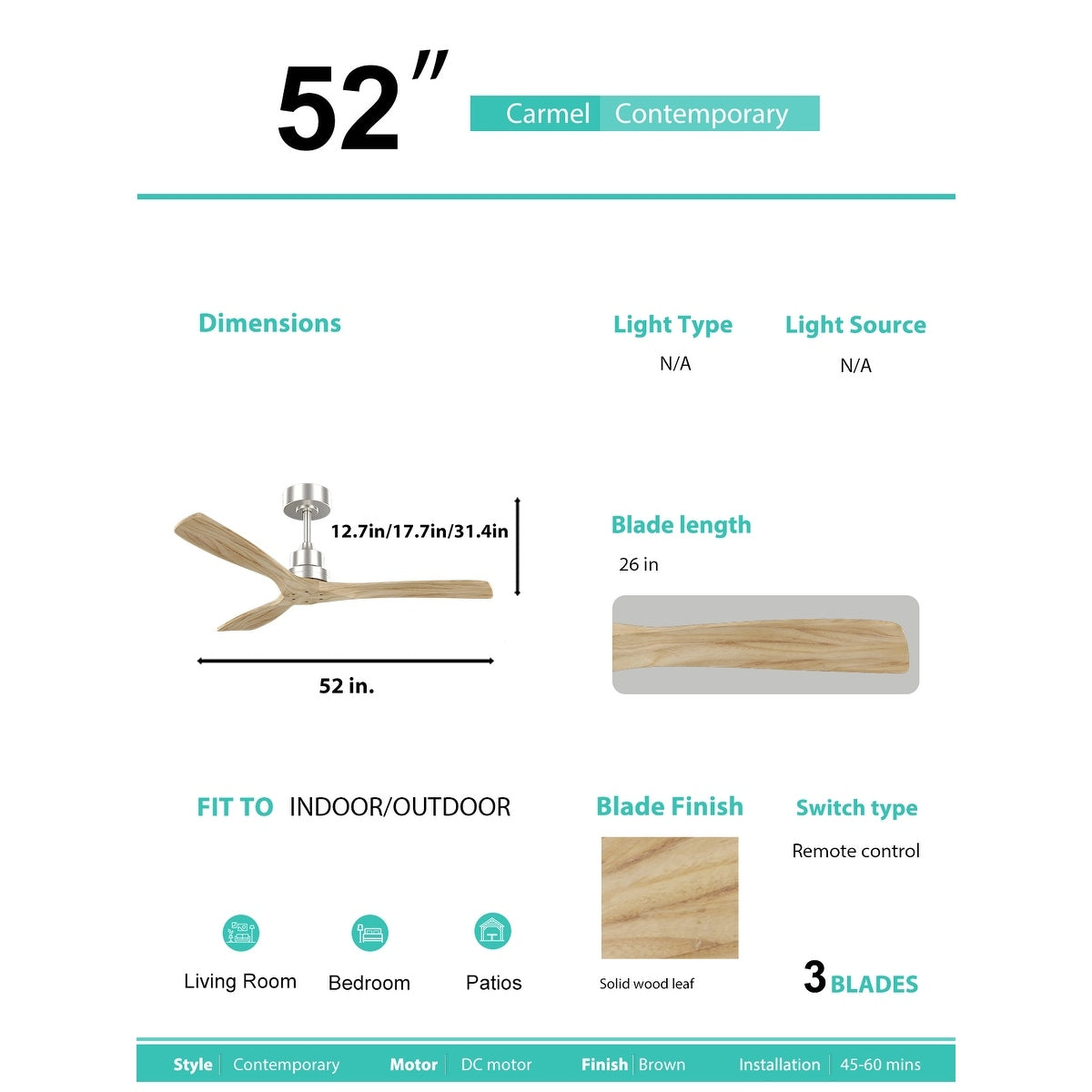 Ventilatore da soffitto in legno per interni Sofucor 52 con telecomando, luce integrata opzionale