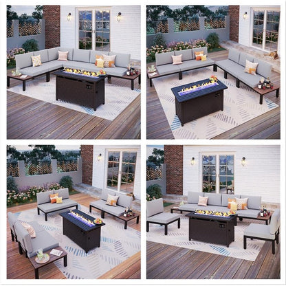 Set di divani componibili da giardino da 10 posti, struttura in acciaio con rivestimento E, set da conversazione con tavolino laterale incorporato, cuscino grigio