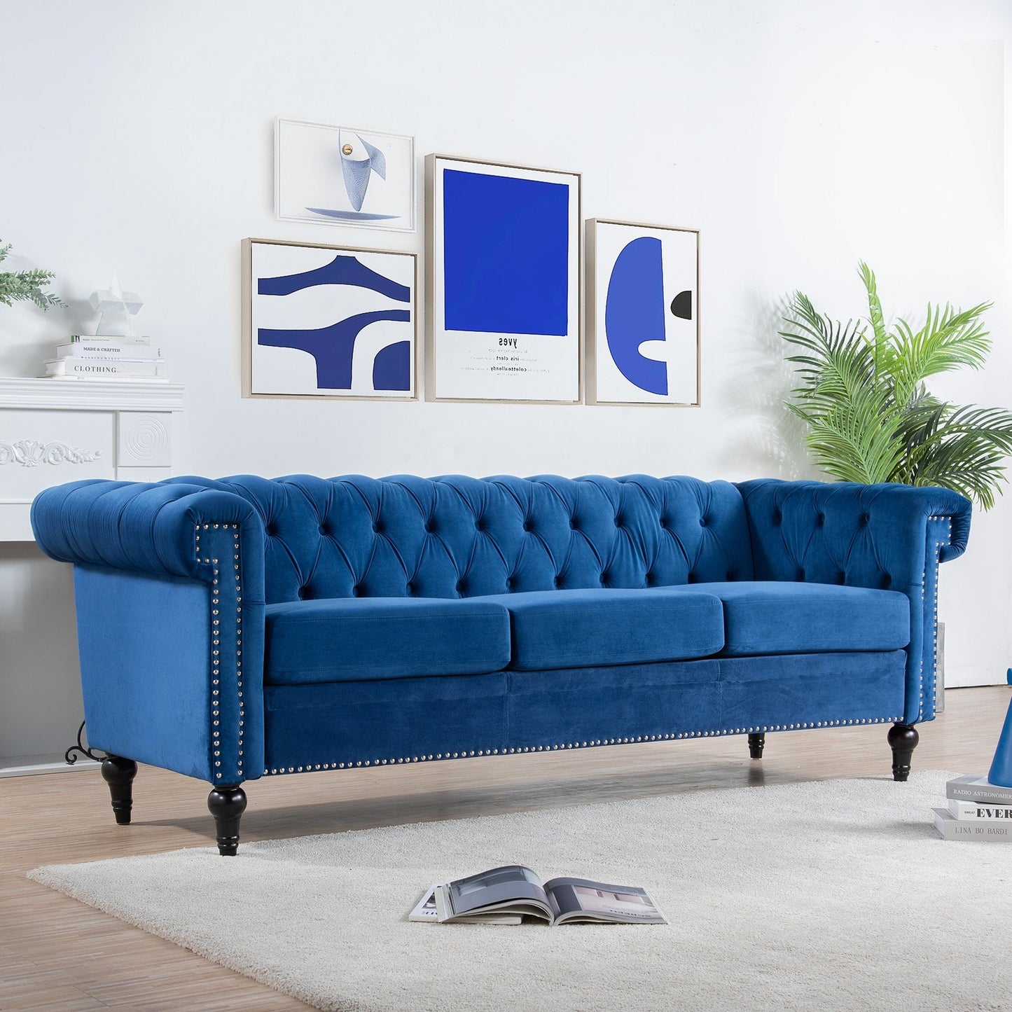 Divano tradizionale a tre posti con braccioli quadrati e rivestimento trapuntato - 32,68 x 83,66 x 29,53