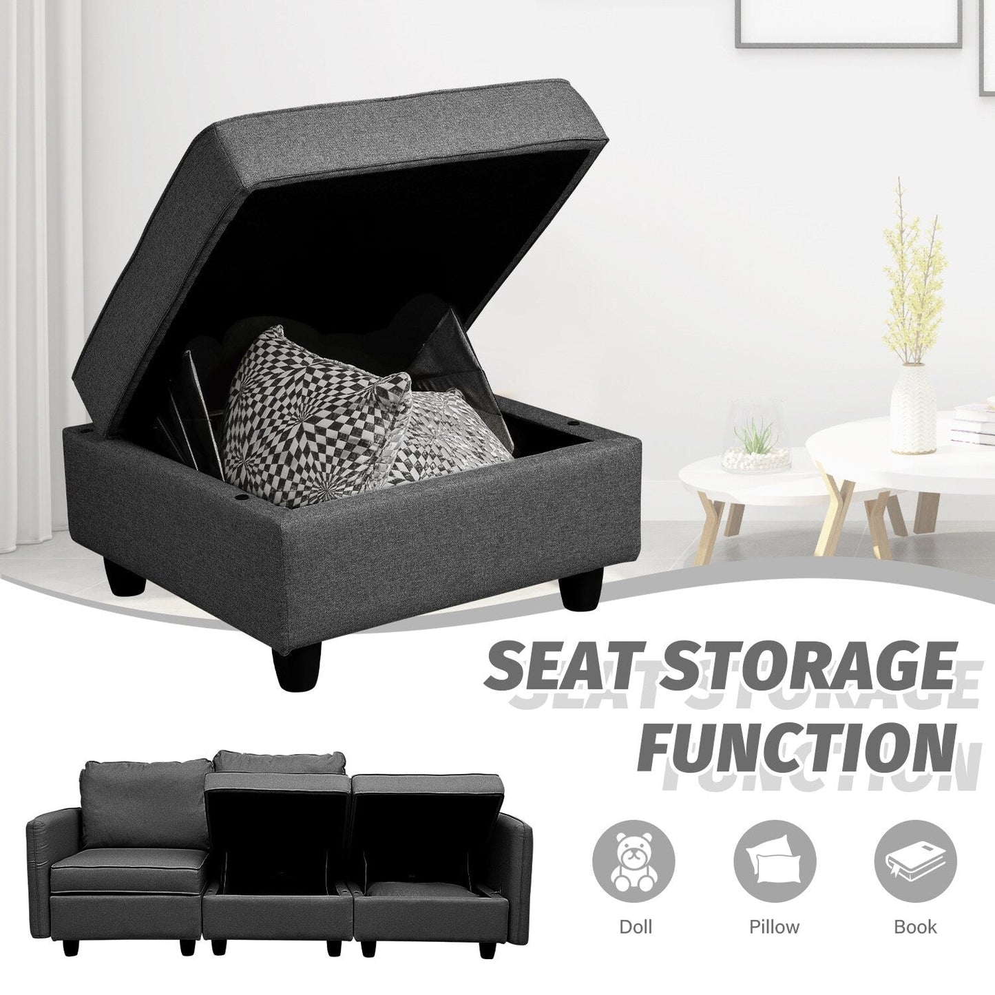 Divano con contenitore, divano imbottito con moderno tessuto di lino