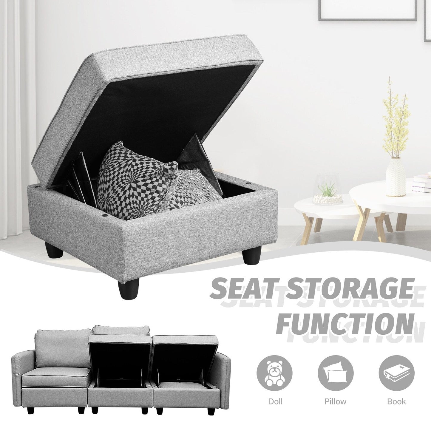 Divano con contenitore, divano imbottito con moderno tessuto di lino