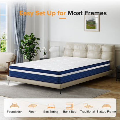 Materasso ibrido a molle insacchettate SweDrea da 10 pollici con memory foam in gel e pillow top morbido, certificato CertiPUR-US, SGS e OEKO-TEX