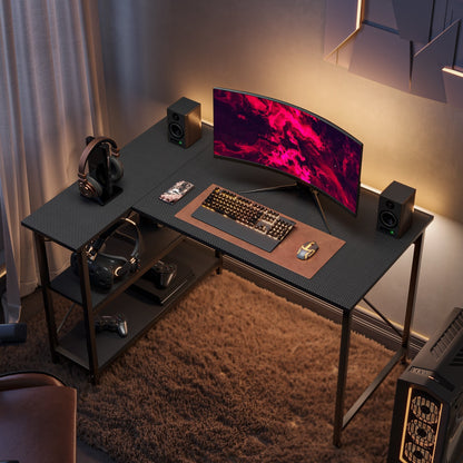 Piccola scrivania a L con ripiani portaoggetti, scrivania angolare per computer