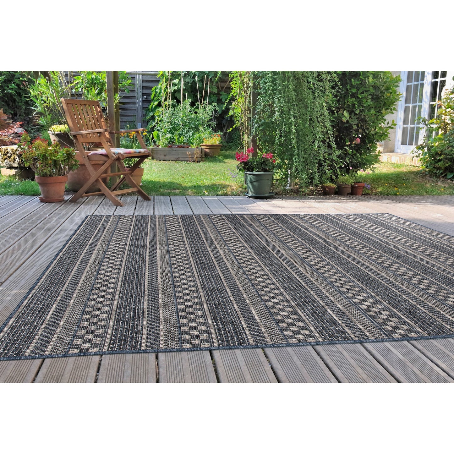 Tappeto per interni/esterni con strisce geometriche bohémien della World Rug Gallery