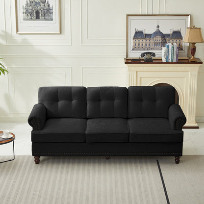 Set di 3 divani in ciniglia per soggiorno, rivestimento con bottoni e borchie, gambe in legno massello di gomma