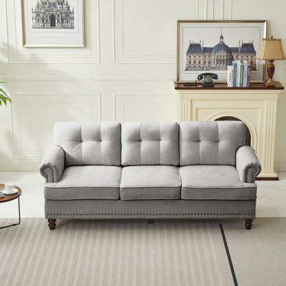 Set di 3 divani in ciniglia per soggiorno, rivestimento con bottoni e borchie, gambe in legno massello di gomma