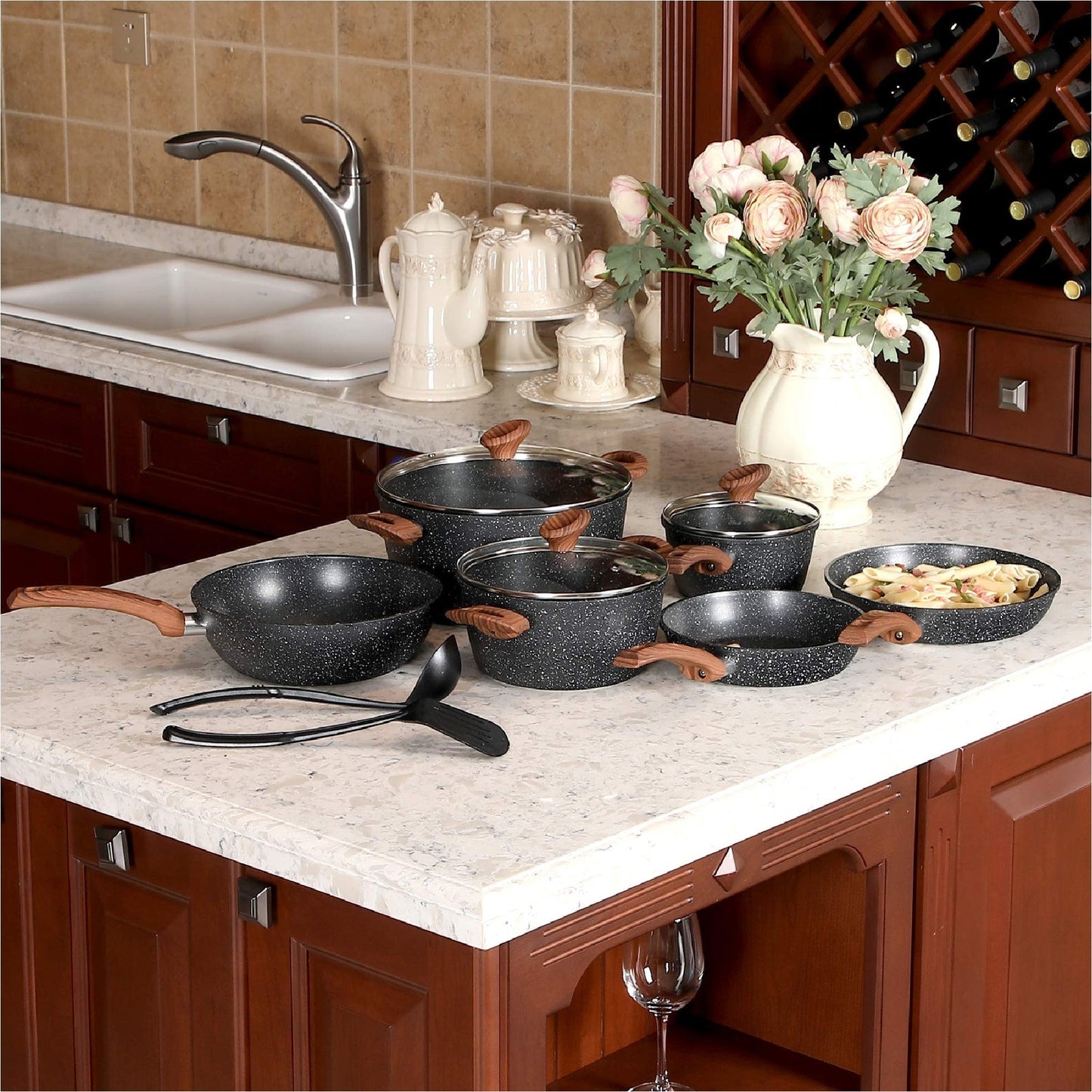 Set di pentole da cucina antiaderenti, set di pentole e padelle da 12 pezzi, set di cottura in granito