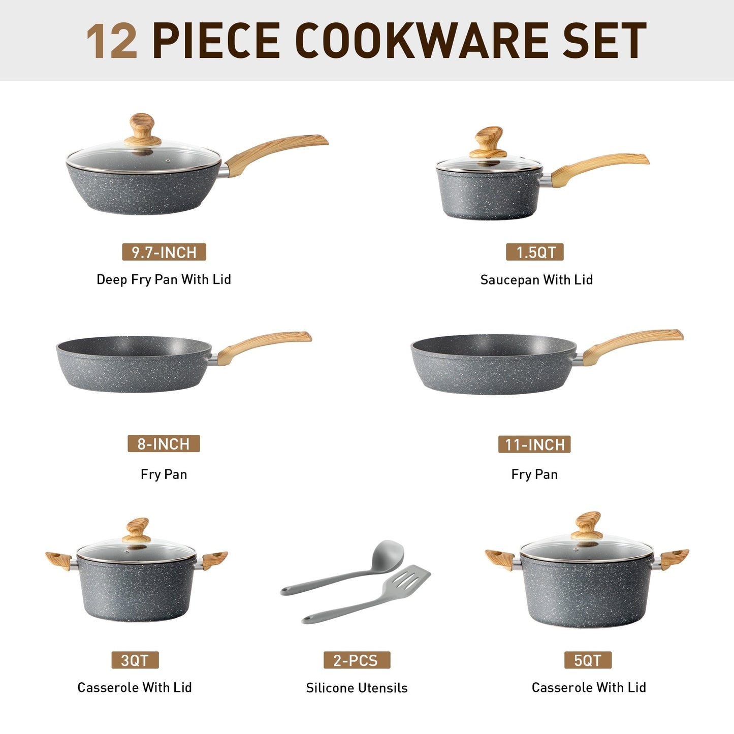 Set di pentole da cucina antiaderenti, set di pentole e padelle da 12 pezzi, set di cottura in granito