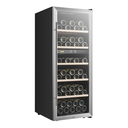 Cantinetta frigo per vino indipendente Lanbo da 20 pollici e 64 bottiglie a doppia zona, porta in vetro con finiture in acciaio inossidabile e due serrature di sicurezza