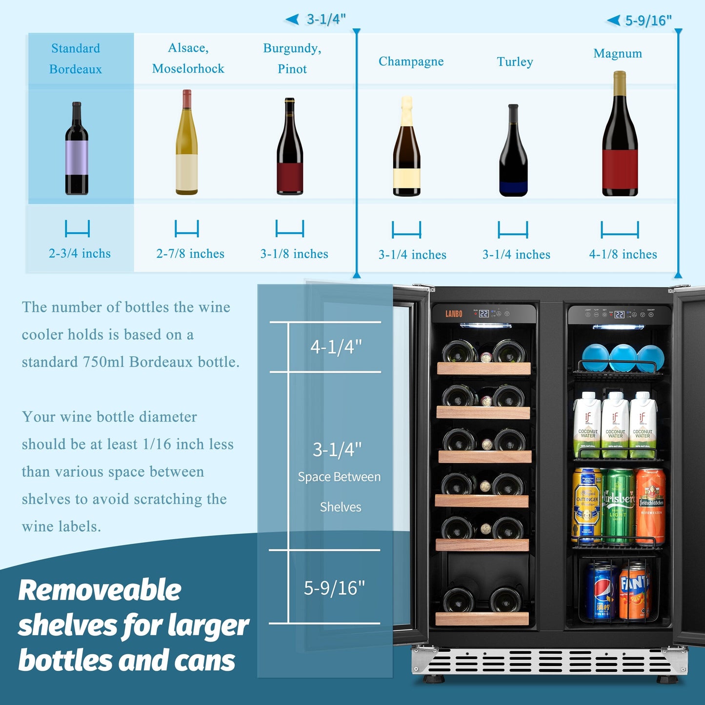 Refrigeratore Lanbo Dual Zone da 24 pollici per 18 bottiglie di vino e 55 lattine di bevande, in acciaio inossidabile e vetro con porta francese