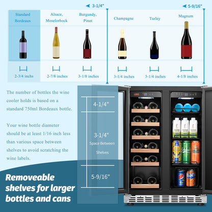 Refrigeratore Lanbo Dual Zone da 24 pollici per 18 bottiglie di vino e 55 lattine di bevande, in acciaio inossidabile e vetro con porta francese