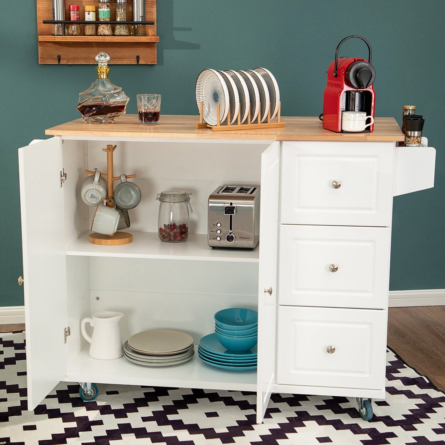 Carrello da cucina Sophia &amp; William con ribaltina e piano in legno di caucciù, carrello da cucina con ruote e ampio mobiletto portaoggetti