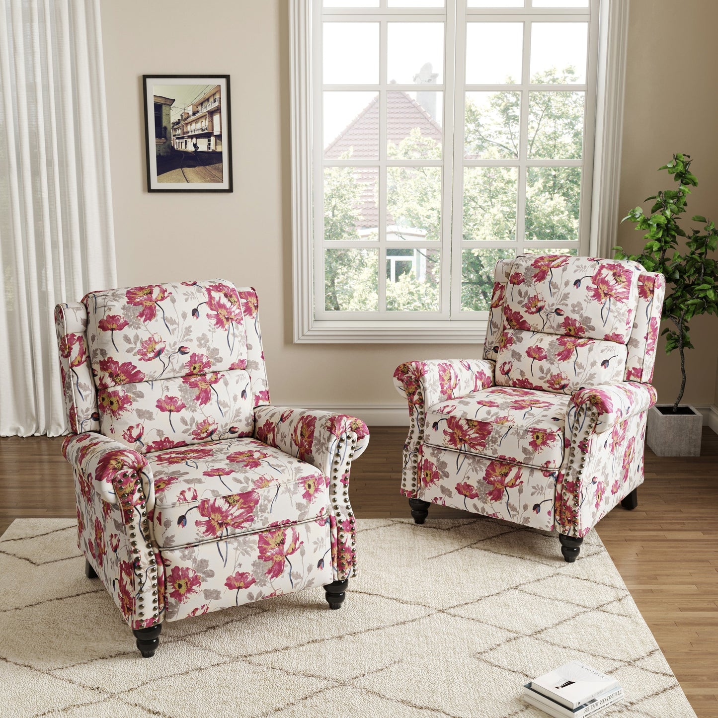 Set da 2 poltrone reclinabili manuali con schienale e finiture a borchie