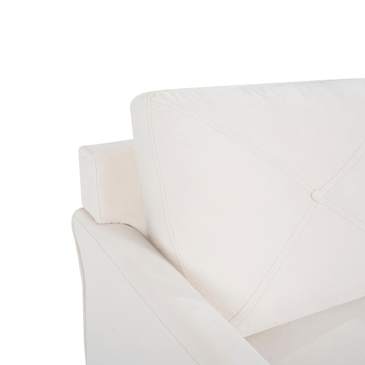 Elegante combinazione di divani: divano Chesterfield con braccioli arrotolati e braccioli svasati trapuntati con bottoni, divano in microfibra per piccoli spazi