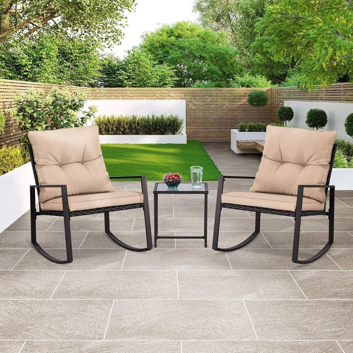 Set da bistrot a dondolo per patio da esterno in metallo nero SUNCROWN da 3 pezzi