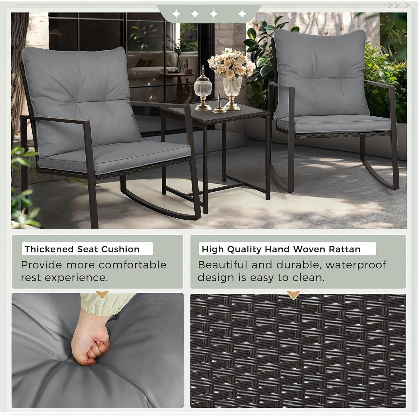 SUNCROWN Set da bistrot per conversazione con sedie a dondolo in vimini marrone/nero da esterno, 3 pezzi