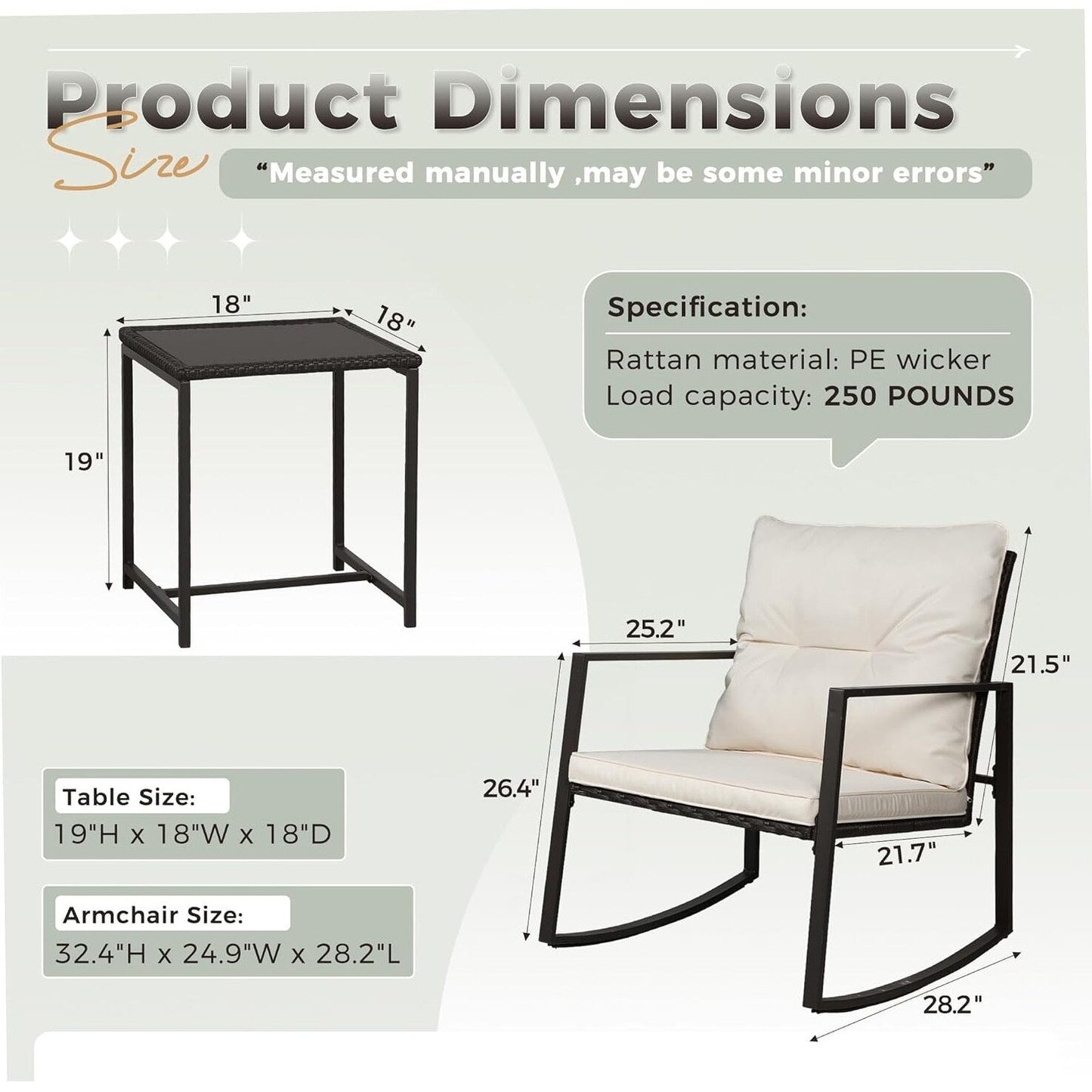 SUNCROWN Set da bistrot per conversazione con sedie a dondolo in vimini marrone/nero da esterno, 3 pezzi