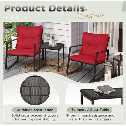 SUNCROWN Set da bistrot per conversazione con sedie a dondolo in vimini marrone/nero da esterno, 3 pezzi