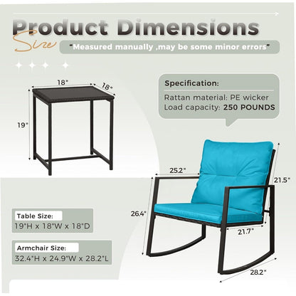SUNCROWN Set da bistrot per conversazione con sedie a dondolo in vimini marrone/nero da esterno, 3 pezzi